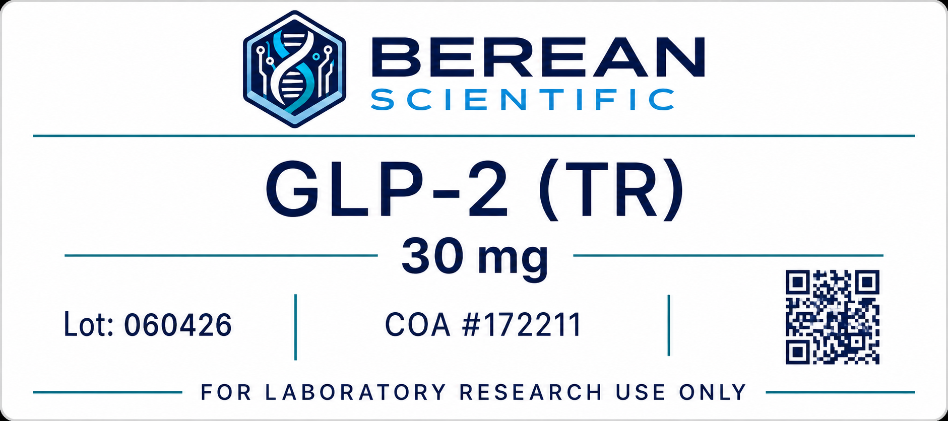 Berean Scientific example lot label with product identity, lot, certificate reference, and QR code