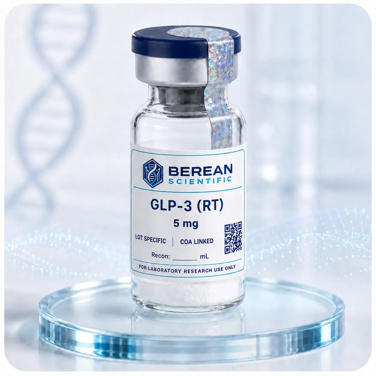 Berean Scientific GLP-3 (RT) vial with 5 mg label